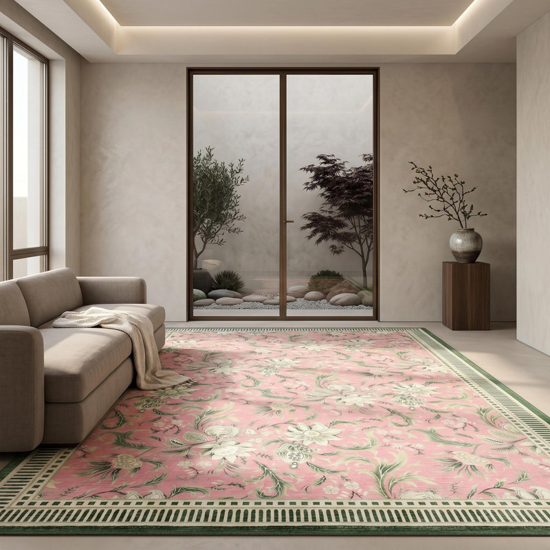 8x10 ft Washable Floral Area Rug for Living Room - Modern Leaf Pattern Print Carpet, Soft Velvet Pile, Non-Slip TPR Backing, Machine Washable, Pink