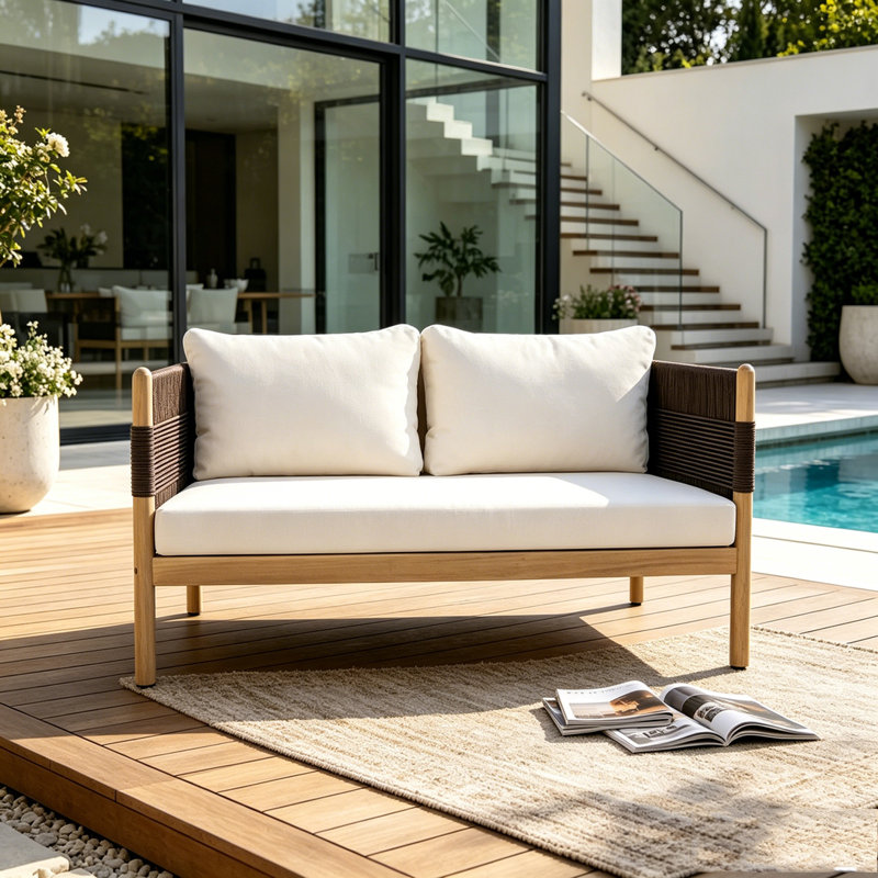 Outdoor Acacia Wood Loveseat Sofa, Black,Cream,Light Teak