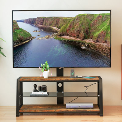 Wooden Storage TV Stand Black Tempered Glass Height Adjustable Universal Swivel Entertainment Center With Mount TV Stand
