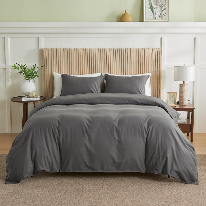 Ensemble de housse de couette en lin français 3 pièces avec fermeture à glissière cachée mélange de coton naturel, Gris