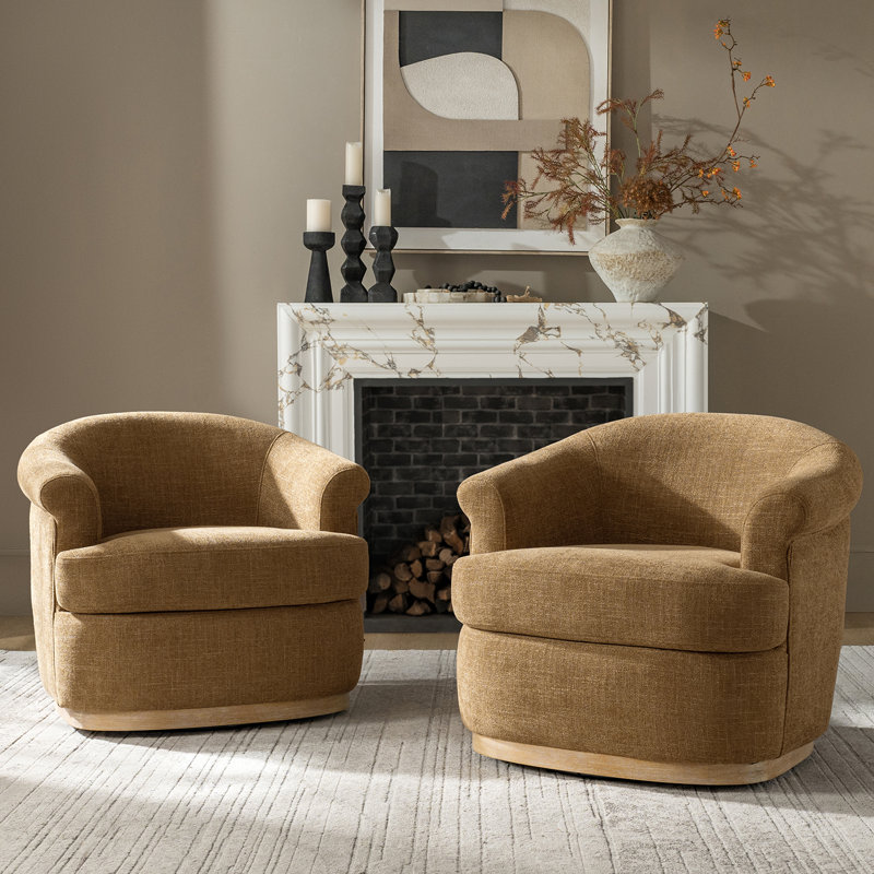 Loki 31.25"W Farmhouse Upholstered Fully Assembled Swivel Barrel Chair, Camel