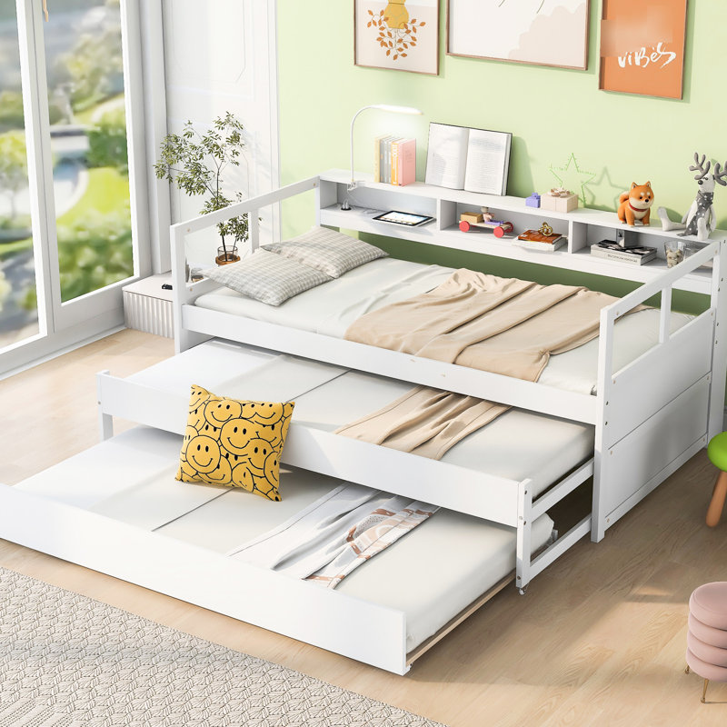 Lit de jour simple en bois TG, blanc, 2 lits gigognes, 3 espaces de rangement, de charge, Blanc