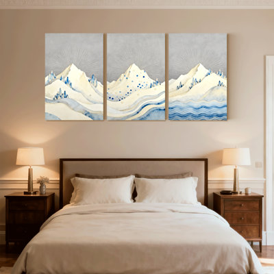 «Abstract Mountain Peaks Water Reflection Sky Light Blue Waves», ensemble de 3 impressions sur toile