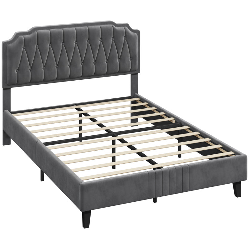 Upholstered Bed Frame with with Diamond Button-Tufted Headboard, Double, Dark Grey
