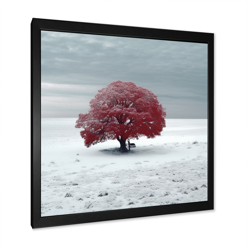 Arbre rouge dans la neige II - impression, Cadre photo noir, H 16 po x l 16 po x P 1 po