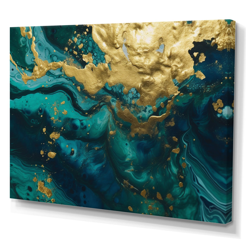 Sarcelle et or liquide Magic I - reproduction sur toile abstraite, Toile tendue, H 16 po x l 32 po x P 1 po