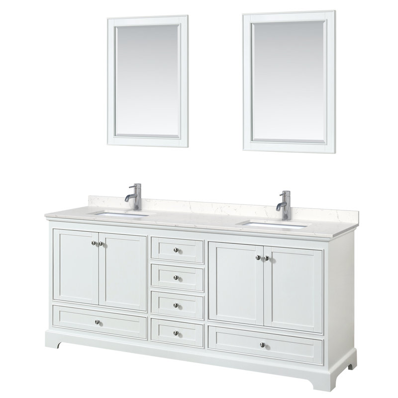 Ensemble de meuble-lavabo double 80 "avec miroir Deborah, Marbre de culture de Carrare, Blanc, Chrome poli