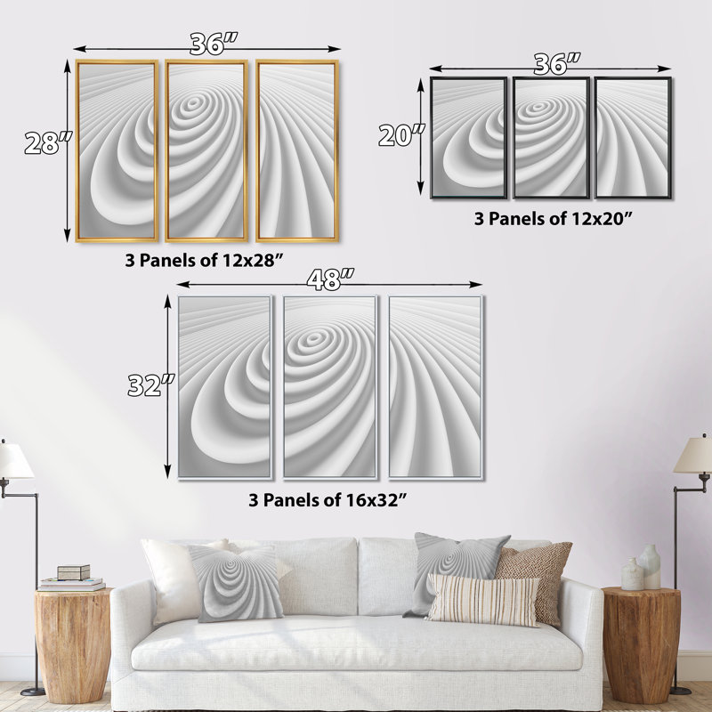 Fractal Rounded White 3D Waves - 3 pièces, cadre flottant, impression sur toile, H 28 po x l 36 po x P 1 po, Cadre blanc