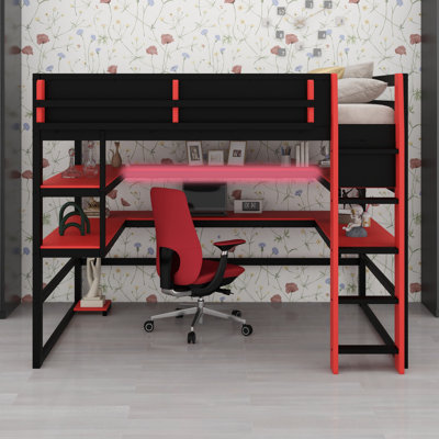 Space-Saving Wood Loft Bed, Desk, Side Storage Rack, Shelves and RGB Light Included