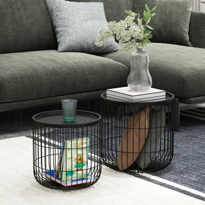 Tables basses gigognes, 2 tables rondes avec panier en acier, plateaux amovibles, décoration de salon, 2 tables pratiques et peu encombrantes, extérieur à panier câblé, extrémité empilable pour l'esthétique, noir