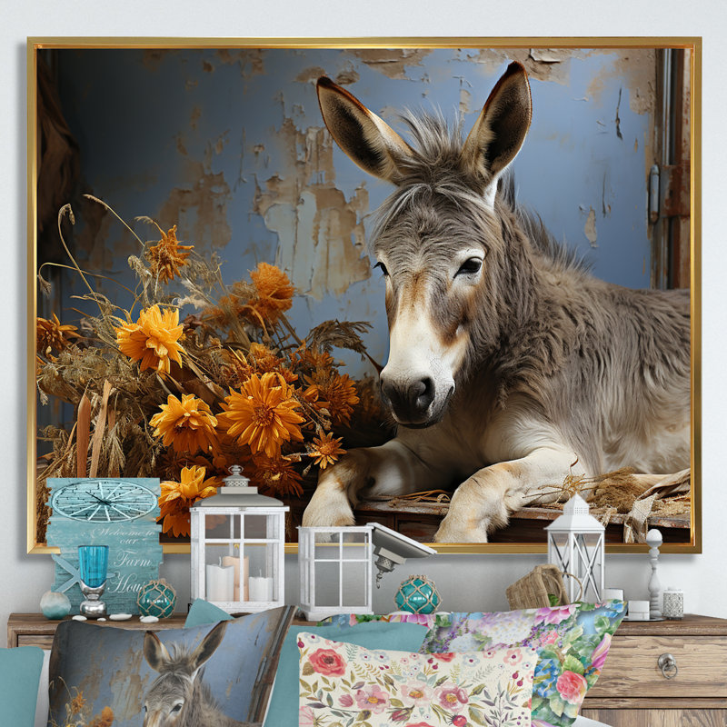 Farmhouse Donkeys Flower Charm I - âne, art mural, Cadre flottant doré, H 34 po x l 44 po x P 1,5 po