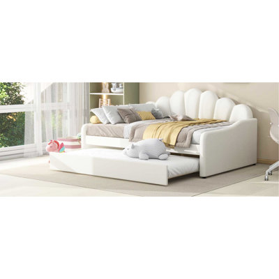 Upholstered Daybed In White With Trundle And Comfortable Padding - Elegant Stitching, Strong Construction, Multipurpose Bed Full Size Velvet Upholstery, Legs, Functional Living Room Addition