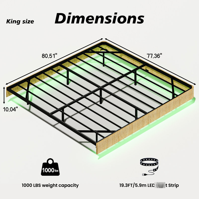 Floating Bed Frame For King Bed, Oak, Wave Curve Wood Texture, Led Lighting, Metal Frame, Invisible Suspension, Weight - Supported Design Oak Colored Structure, No Box Spring, Immersive Lighting