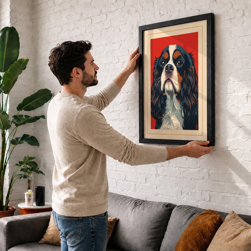 Spaniel in Red Japandi - Framed Print, Unframed, A3 - 42.0 x 29.7 cm