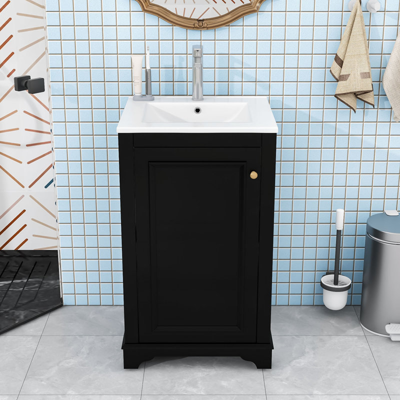 Meuble-lavabo de salle de bain avec lavabo en céramique, tablette réglable et armoire à fermeture en douceur, Noir