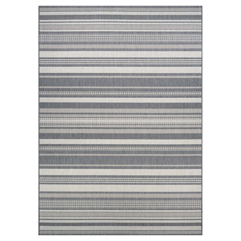 Tapis rayé intérieur / extérieur Sania, Rectangle 5 pi 3 po x 7 pi 6 po, Ivoire / Argenté