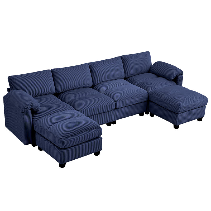 6-Seater Modular Sectional Sofa With 2 Ottomans, Blue Chenille