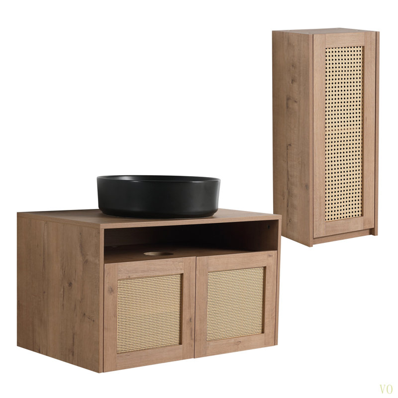Meuble-lavabo de 30 po avec lavabo d'art en céramique et armoire latérale, 2 portes à fermeture en douceur, montage flottant, contreplaqué (emballage KD)