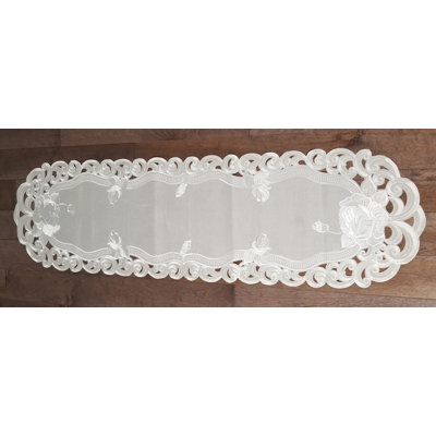 Silver Rose Embroidered Cutwork Rectangular Table Runner, 13 By 26 Inch Table Linen Decor, Water Resistance, Machine Wash Safe