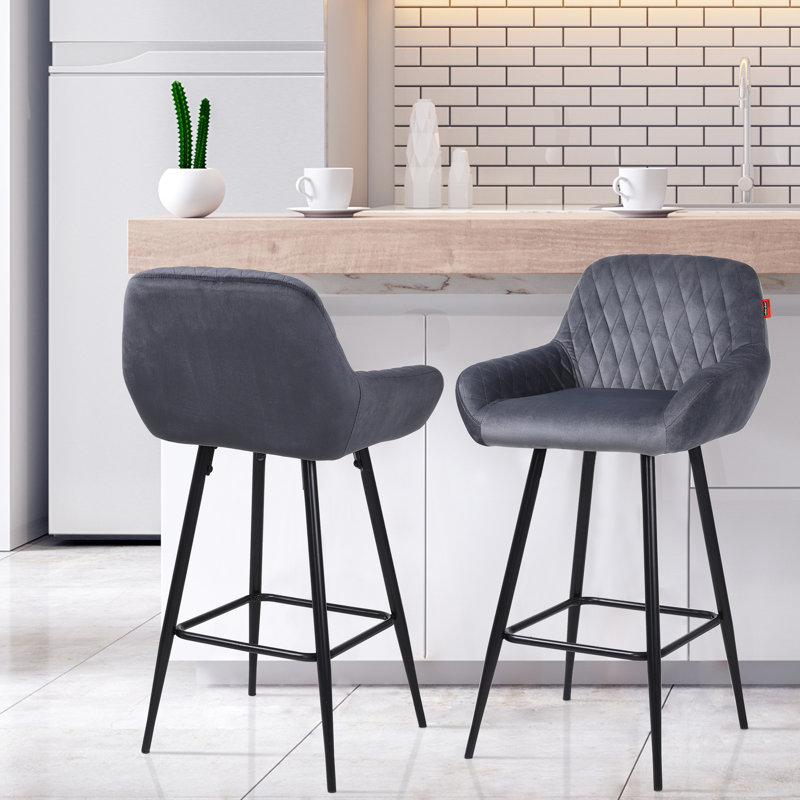 Bar Stools Velvet Fabric With Backrest And Armrests, Auitable For Kitchen, Home, Bar, Counter, Grey, 4