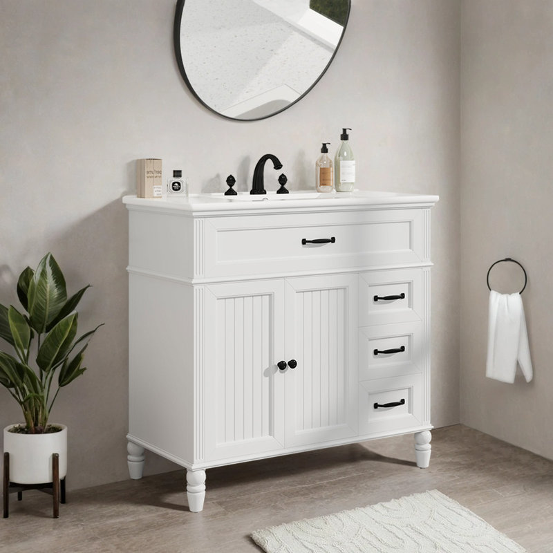 Meuble-lavabo simple blanc 36 po avec plateau en céramique 36 po, Blanc