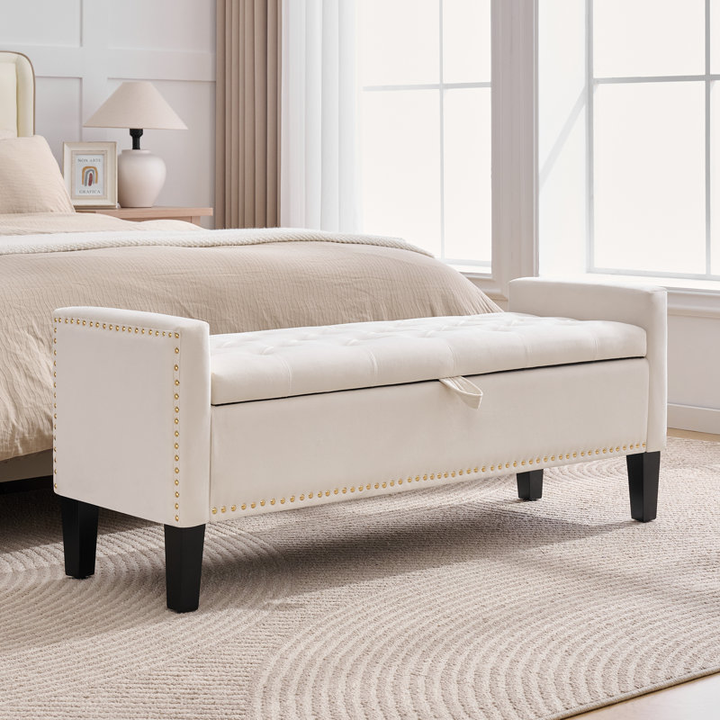 50" Wide Velvet Tufted Rectangle Storage Ottoman, Beige