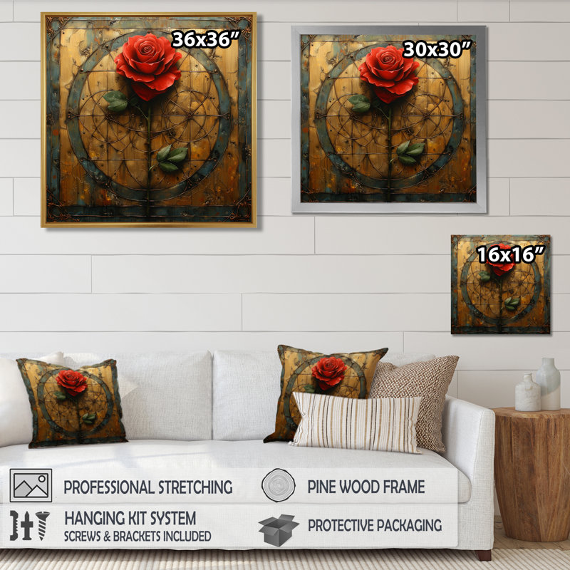 «Red Rose» géométrique rétro or II - rose, art mural, Toile encadrée flottée blanche, H 16 po x l 16 po x P 1 po