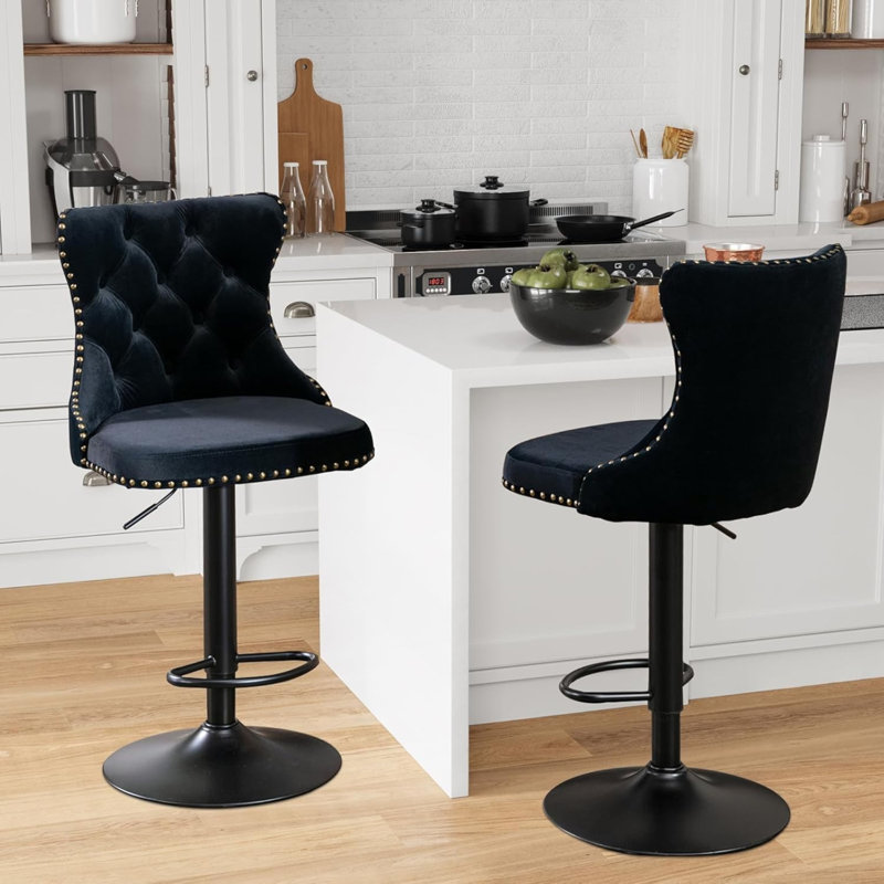 Zager Swivel Adjustable Height Bar Stool Modern Velvet Barstool With Back, Black, Black, 2