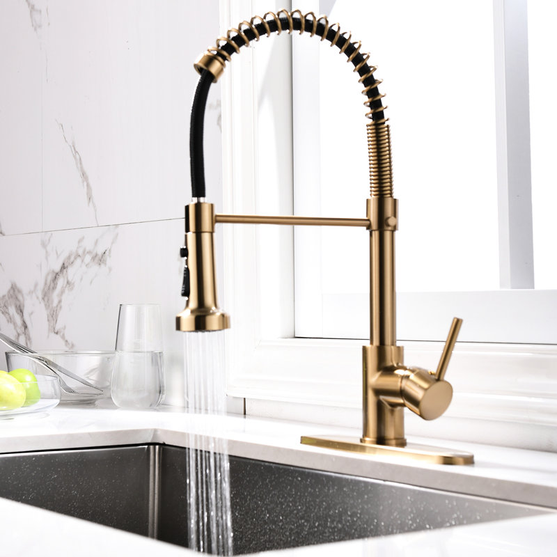 Stylish Brushed Gold Kitchen Faucet With Pull-Down , Long-Lasting, Single Handle Control Spray, Stream & Spray Function,