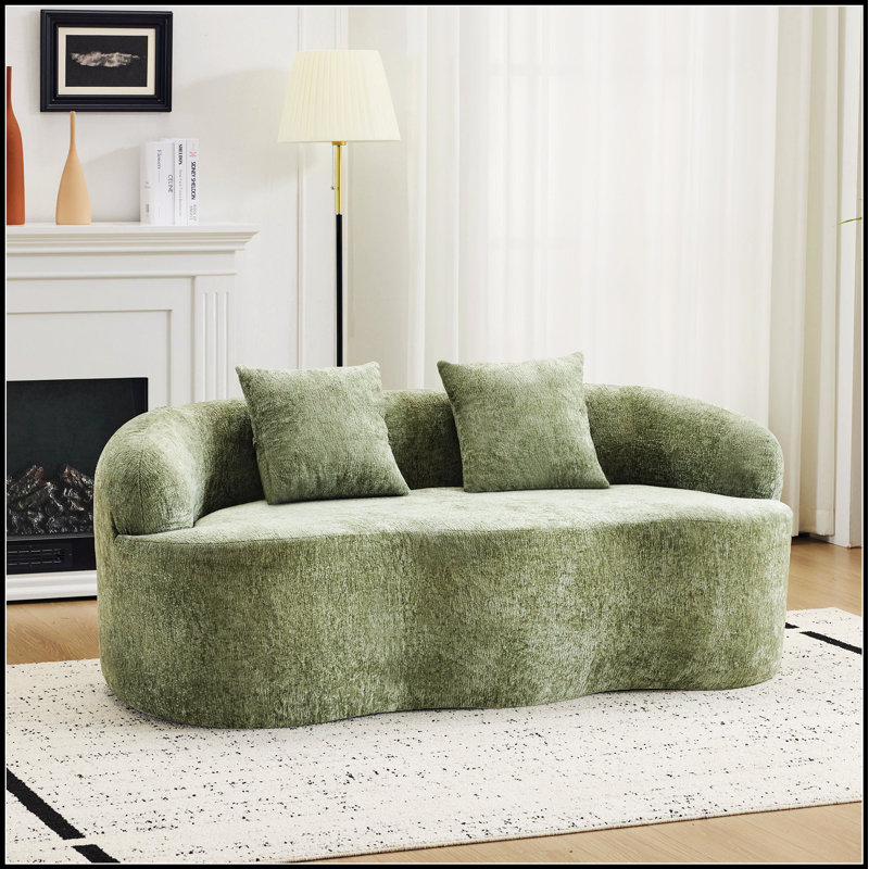 Canapé incurvé vert avec accoudoir rond, canapé à compression avec 2 coussins, crème pour petits espaces, sans assemblage