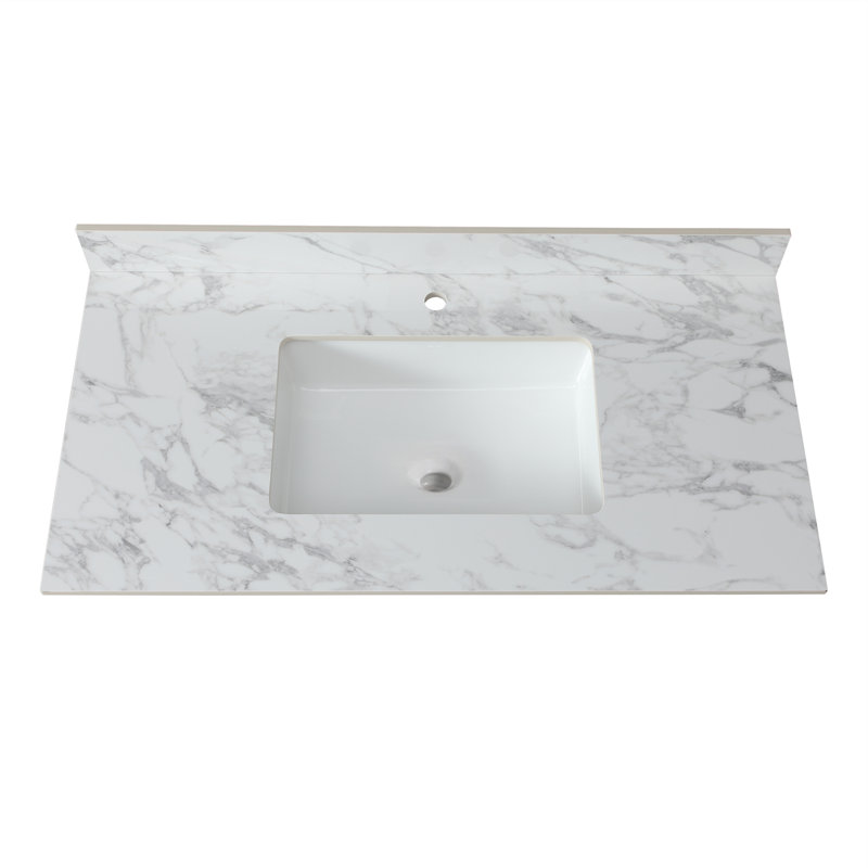 Dessus de meuble-lavabo de salle de bain, dessus de meuble-lavabo en pierre frittée Carra Barthroom avec lavabo rectangulaire encastré en céramique avec dosseret de meuble-lavabo, comptoir de meuble-lavabo