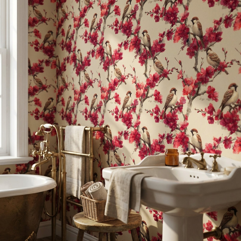 Papier peint floral Sparrows, Peler et coller