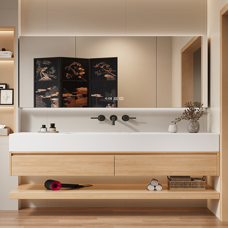 Armoire de salle de bain rétro, Burlywood, H 18,9 po x l 70,87 po x P 19,69 po