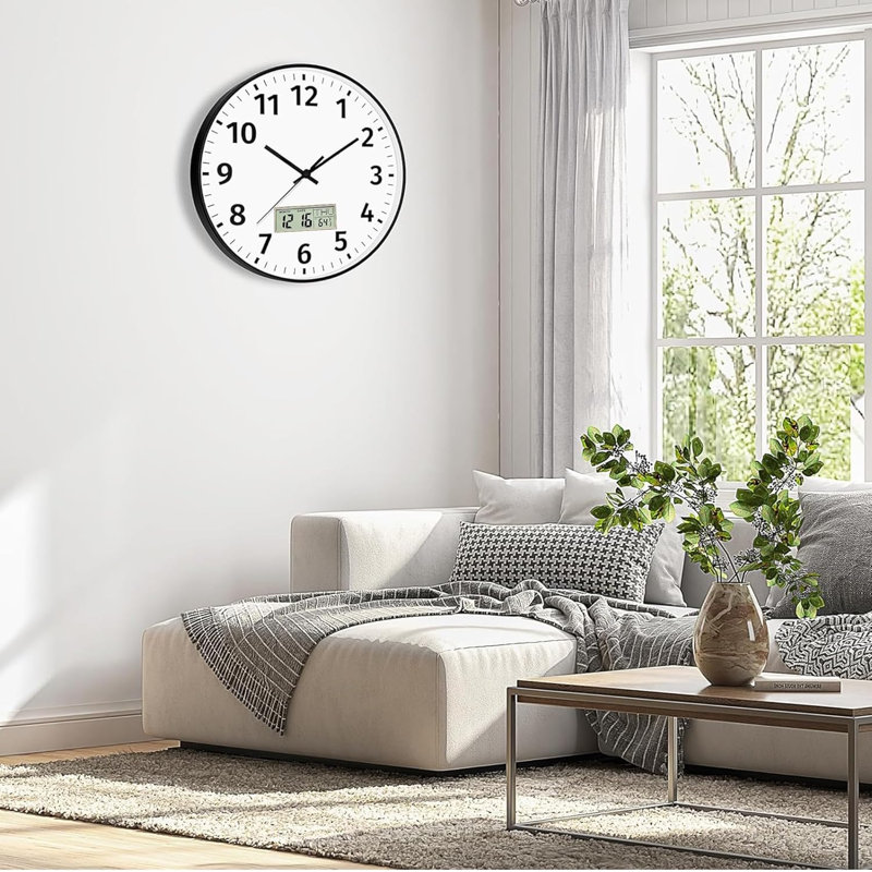 12 Inch Silent Wall Clock with Day, Date and Temperature (BLACK)