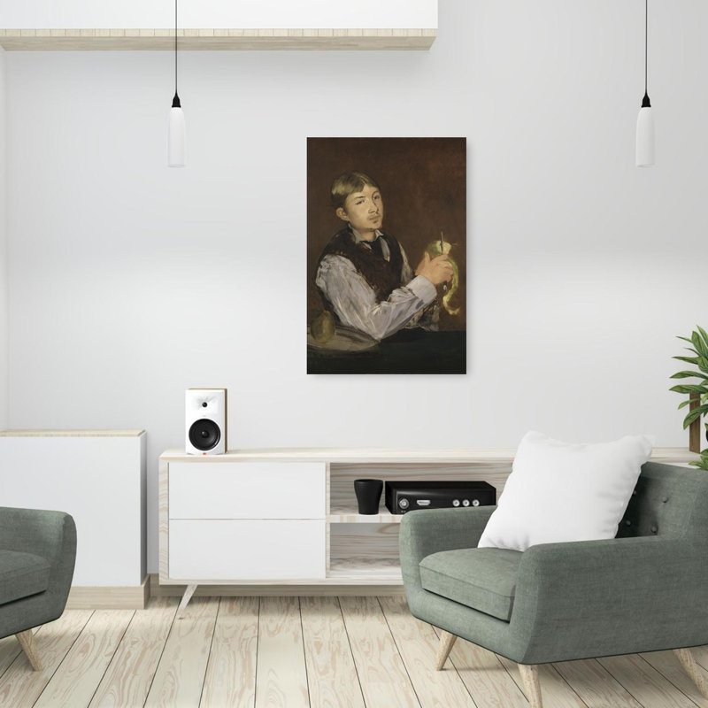 Jeune garçon épluchant une poire, vers 1867. Estampe d'art mural abstraite contemporaine représentant un fruit.