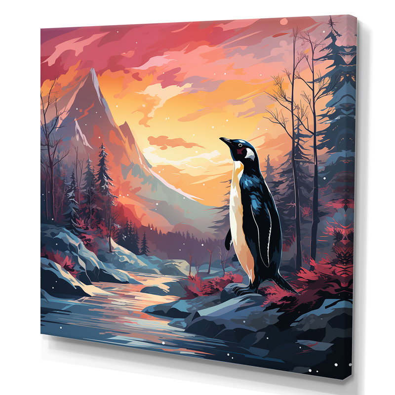 Coucher de soleil sur glace, pingouin charme I - art mural pingouin, Toile tendue, H 36 po x l 36 po x P 1,5 po