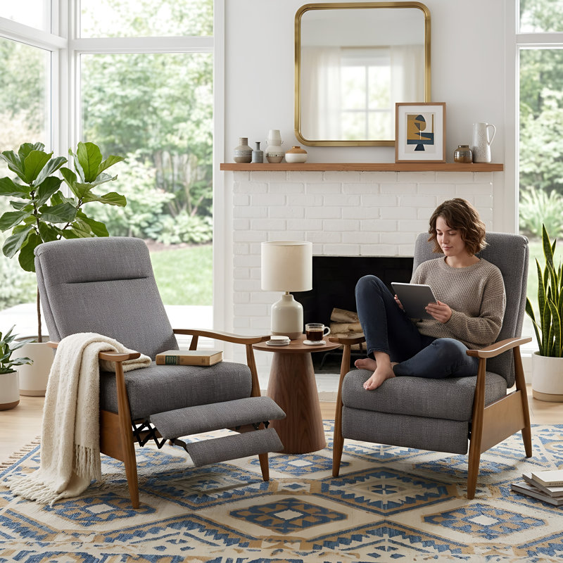 Williamsport Wood Arm Push Back Recliner In Performance Fabric - Ashen Grey - Set Of 2, Gray Polyester