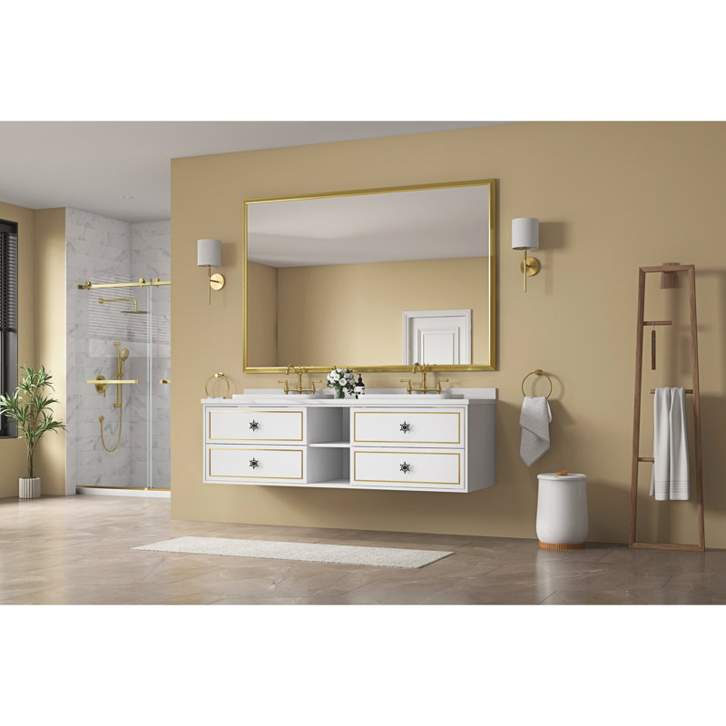 84 po W Miroir de salle de bain avec cadre en métal, corrosion, reflet transparent, meuble-lavabo, se suspend de plusieurs façons, or, rouille en alliage d'aluminium, meuble-lavabo HD facilement