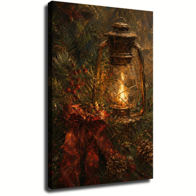 Lanterne ancienne avec branches de pin, tableau de Noël sur toile, style peinture à l'huile, décoration murale de Noël