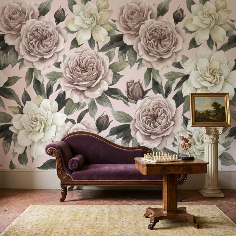 Papier peint à motif floral beige, L 75,96 po x l 114 po