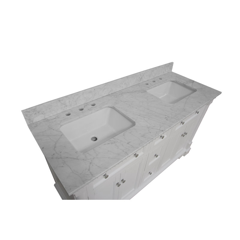 Fossen 60" Double Bathroom Vanity Set with White Cabinet and Carrara Marble Countertop, Carrara Marble, White
