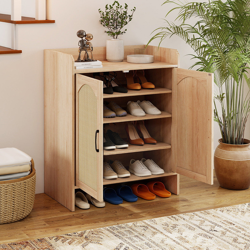 Shoe Cabinet 5-Layer Rattan Double Wooden Doors Entrance Storage