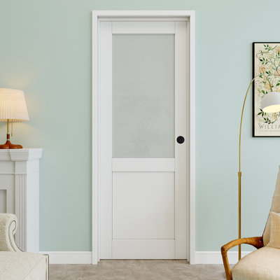 Porte pré-suspendue intérieure en verre givré 28 po x 80 po avec bouton rond et charnières argentées 28 po x 80 po, dalle de porte d'intimité en verre, à peindre et imperméable, combinaison pour la lessive, portes de placard, portes de chambre, main gauche