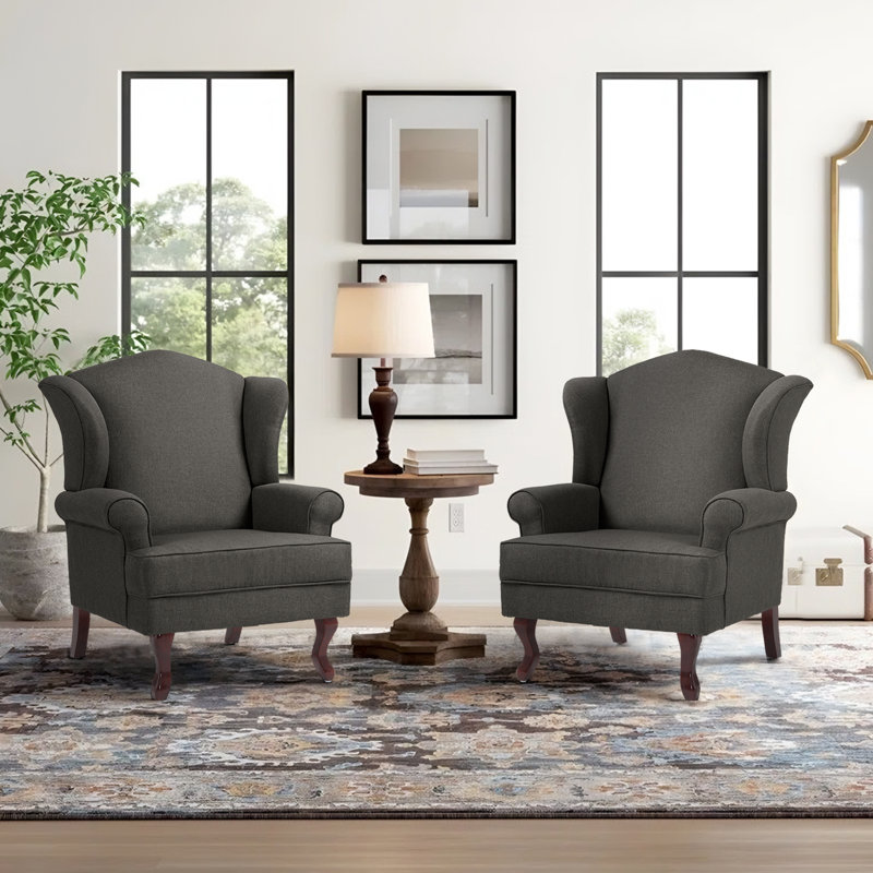 Duward Upholstered Dark Gray Linen Wingback Accent Chair with Rolled Arm and Solid Wood Leg (Set of 2), Dark Gray Cotton