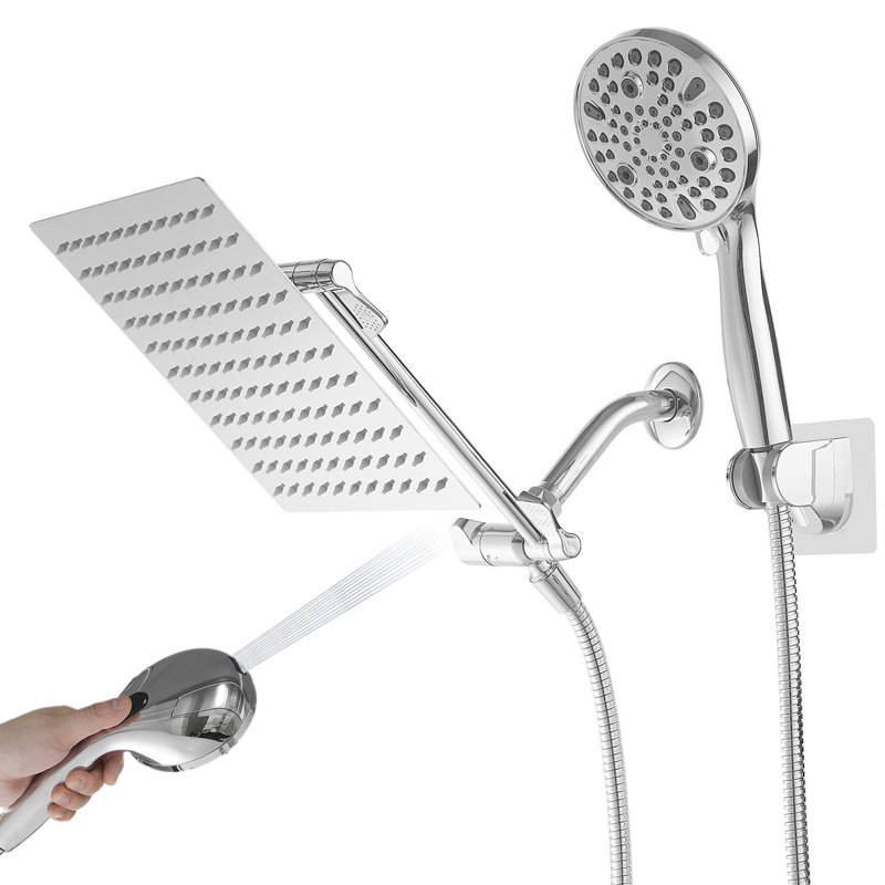 Rainfall 9-Spray Patterns 8-Inch Wall-Mounted Dual Showerhead With A Handheld Showerhead In Polished Chrome.