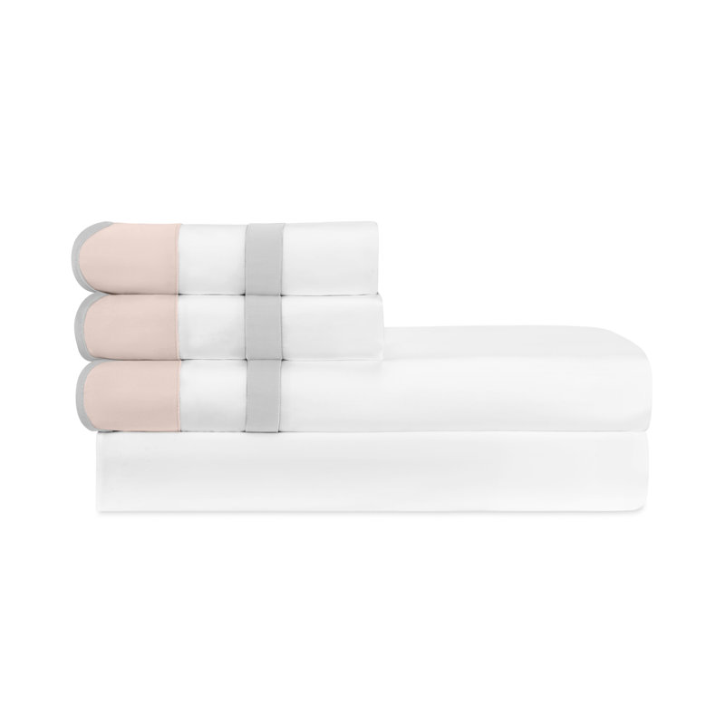 Portofino Sateen Sheet Set, White/Light Pink/Pebble, Queen Sheet Set + 2 Pillowcases