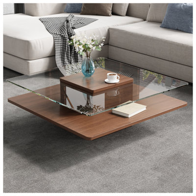 Table basse carrée avec plateau en verre trempé et tablette de rangement ouverte, structure en MDF finition noyer, 80 cm