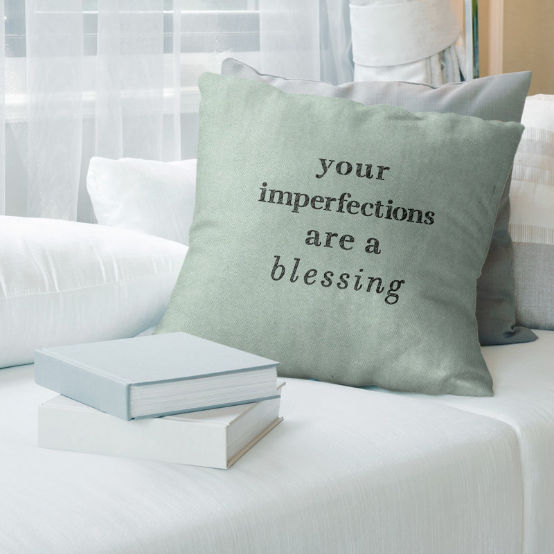 Coussin inspirant de citation inspirée des imperfections à la main, 14 po x 14 po, Vert / Noir