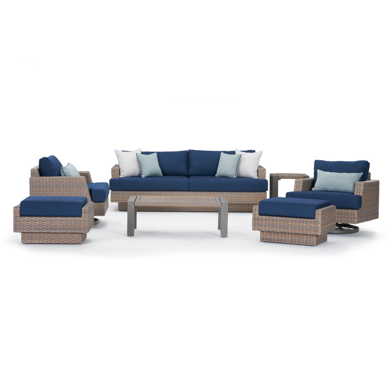 Ensemble de conversation 7 pièces avec coussins Sunbrella Jorolf, Spectre indigo Sunbrella®, Brun