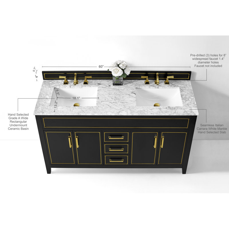 Aspen 60'' W Double Vanity, Black Onyx, Gold